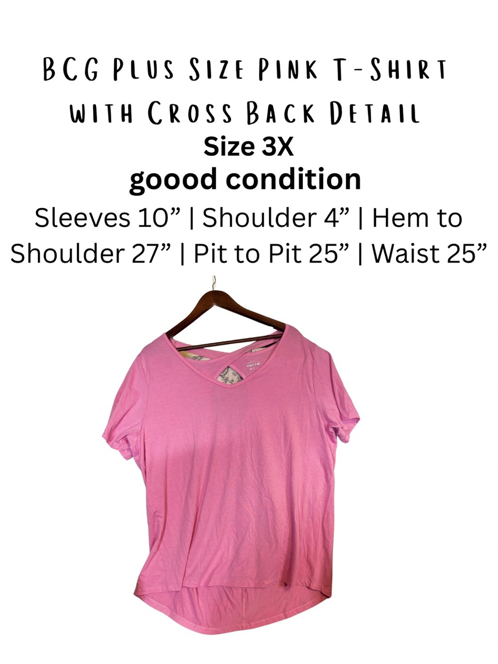 BCG Pink Cross Back Tee Plus Size 3X Soft Casual Short Sleeve Top